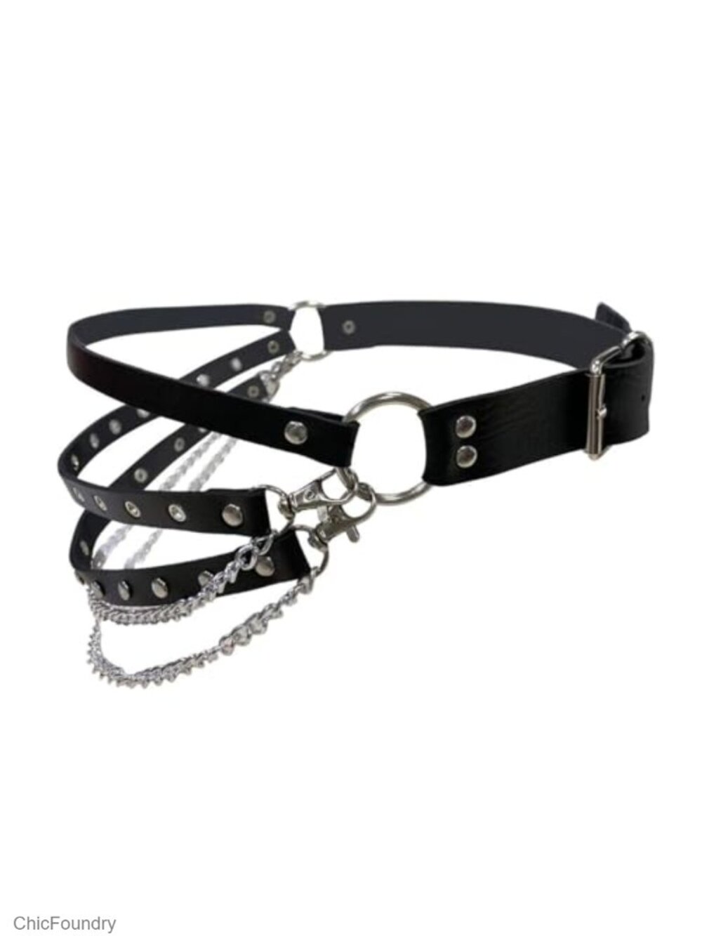 Faux Leather Punk Goth Waist Belt with Chains O-Rings Festivals